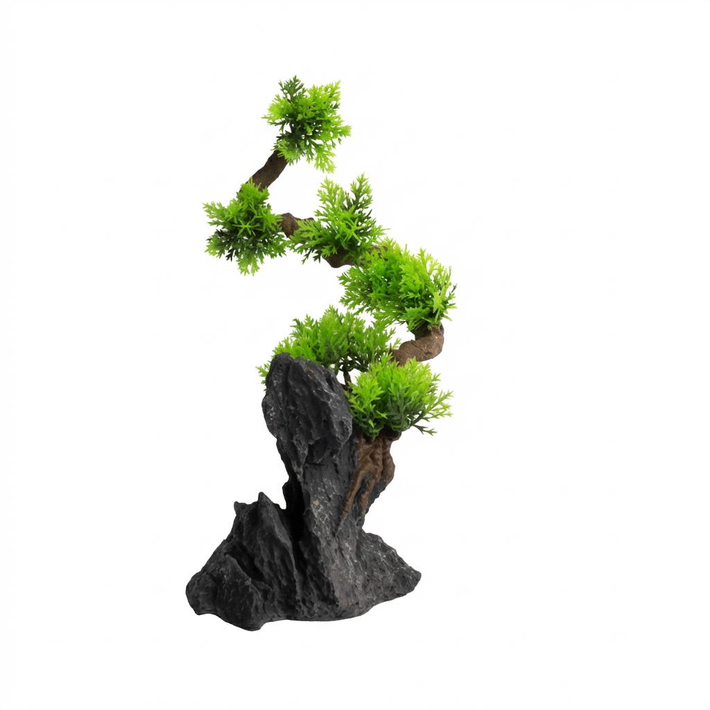 Artificial Aquarium Bonsai Tree Ornament with Bendable Trunk & Resin Rock Base