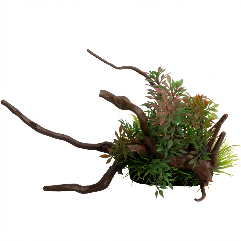 Artificial Aquarium Branch & Foliage Ornament with Resin Base