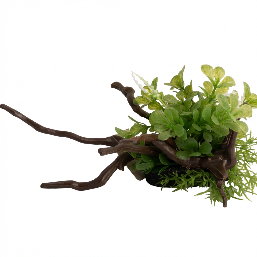 Artificial Aquarium Branch & Foliage Ornament with Resin Base