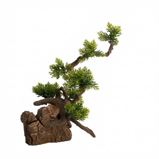 Artificial Aquarium Bonsai Tree Ornament with Bendable Trunk & Resin Rock Base